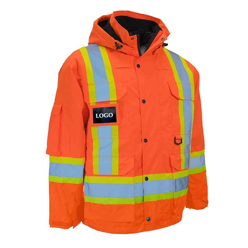 All Orange 4-in-1 Hi Vis Safety Parka with Removable Bomber Jacket 100% Polyester 300d Polyurethane Coated Ripstop Jacket